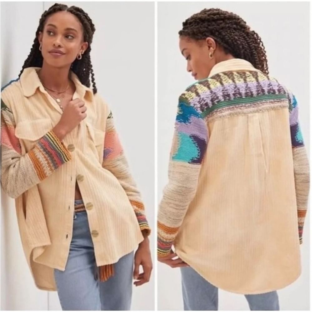 Anthropologie Pilcro Corduroy Shirt‎ Jacket Contrast Knit Sleeve Western Shacket